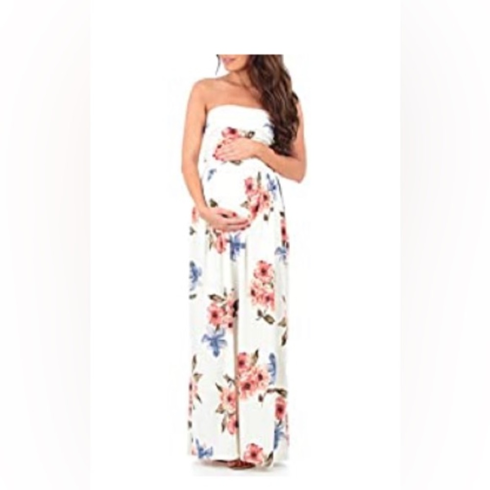 Mother Bee Maternity Strapless Ruched Maxi Tube Dress with Pockets L